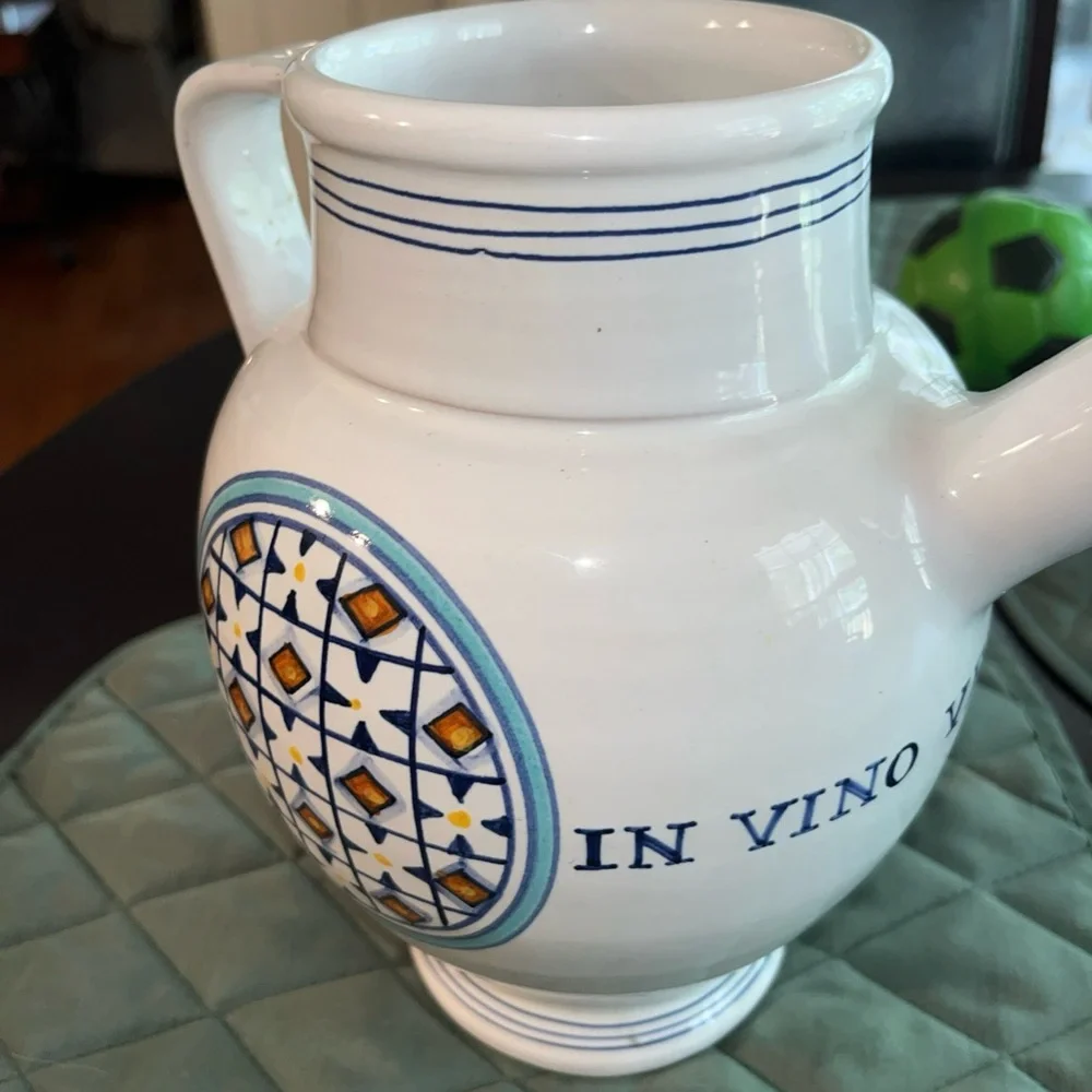 Williams Sonoma Ceramic Pitcher  Blue and Gold Geometric Design. Wine pitcher
